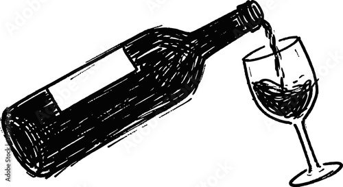 Wine bottle pouring red wine into a glass, simple black ink drawing illustration