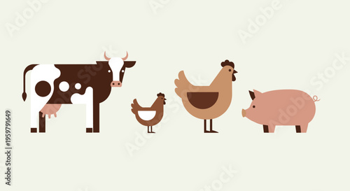 Minimalist farm animal illustration: cow chicken hen and pig character set