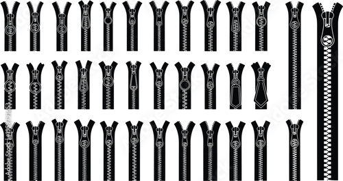 Zipper set vector illustration, collection of clothing fasteners, various zip designs, tailoring accessories, sewing elements, black silhouette zipper styles isolated on white background