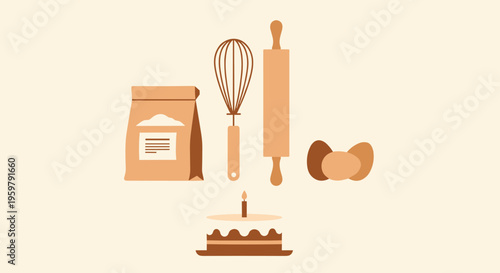 Baking Ingredients and Tools with Cake and Candle on Light Background Illustration