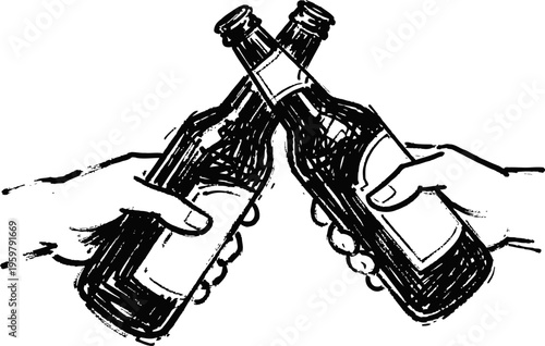 Hands clinking beer bottles in a celebratory toast with sketch illustration