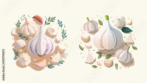 Collection of two beautiful and fresh garlic illustrations, showcasing whole bulbs and cloves with natural leafy elements, perfect for culinary projects