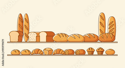 Bakery Display with Various Freshly Baked Goods on Shelves Vector Illustration