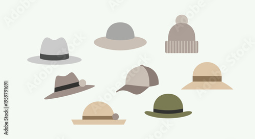 Collection of various headwear in muted tones set against a clean white background