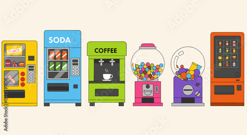 Colorful Collection of Cartoon Vending Machines Offering Various Snacks and Drinks