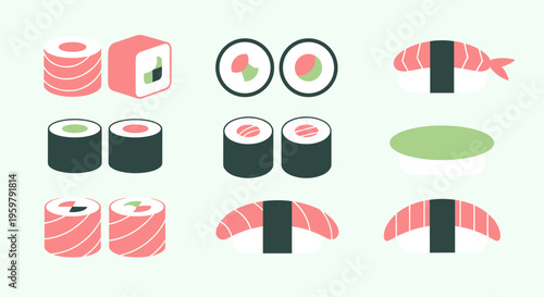Minimalist sushi and maki roll set with various salmon and tuna pieces