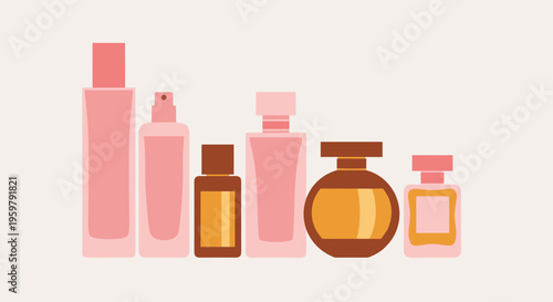 Elegant assorted perfume bottles display luxury cosmetic scents graphic illustration