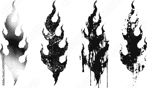 Grunge black flames set with halftone and distressed textures, abstract fire silhouettes design