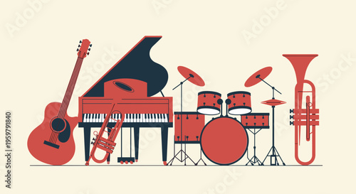 Vibrant illustration of classic musical instruments for entertainment and art concepts