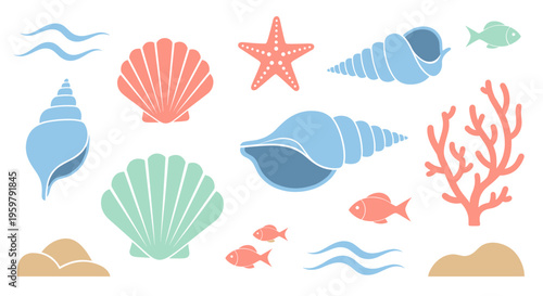 Colorful marine life elements vector set for ocean theme designs and decorations