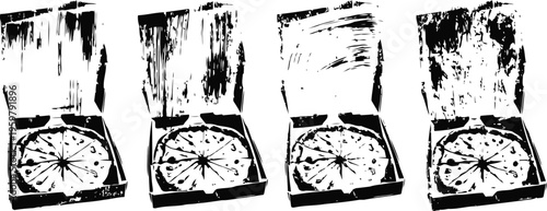 Vintage pizza box open showing sliced pizza inside in black and white grunge