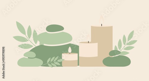 Minimalist Spa Ambiance with Candles Stones and Green Leaves Illustration