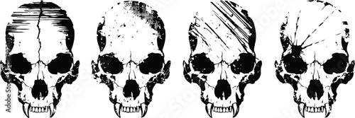 grunge skull illustrations with scratches and distressed textures on white background
