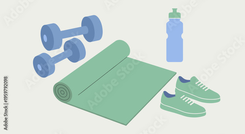 Essential Fitness Gear Illustration: Dumbbells Yoga Mat Water Bottle and Sneakers
