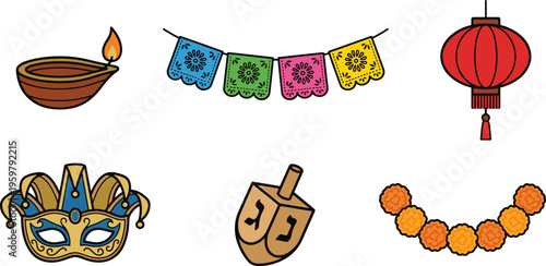 Vibrant festival decorations and symbols arranged on a table indoors.