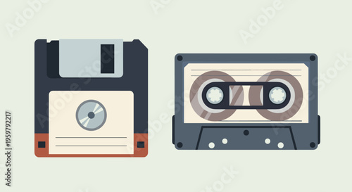 Retro Storage Media: Floppy Disk and Audio Cassette Graphics Nostalgic Tech Icons