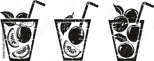 Three refreshing citrus drinks in glasses with straws and mint leaves, summer beverage illustrations