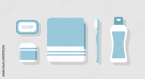 Minimalist illustration of spa and personal hygiene products on a light background