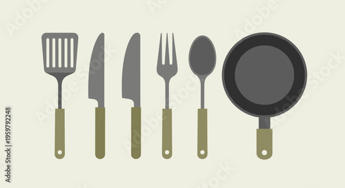 Minimalist Cooking Utensils Set with Spatula Knives Fork Spoon and Frying Pan