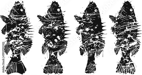 four black ink fish silhouettes with grunge texture artistic aquatic design, sea life illustration, marine nature concept