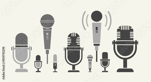 Collection of various microphones retro and modern sound recording equipment icons