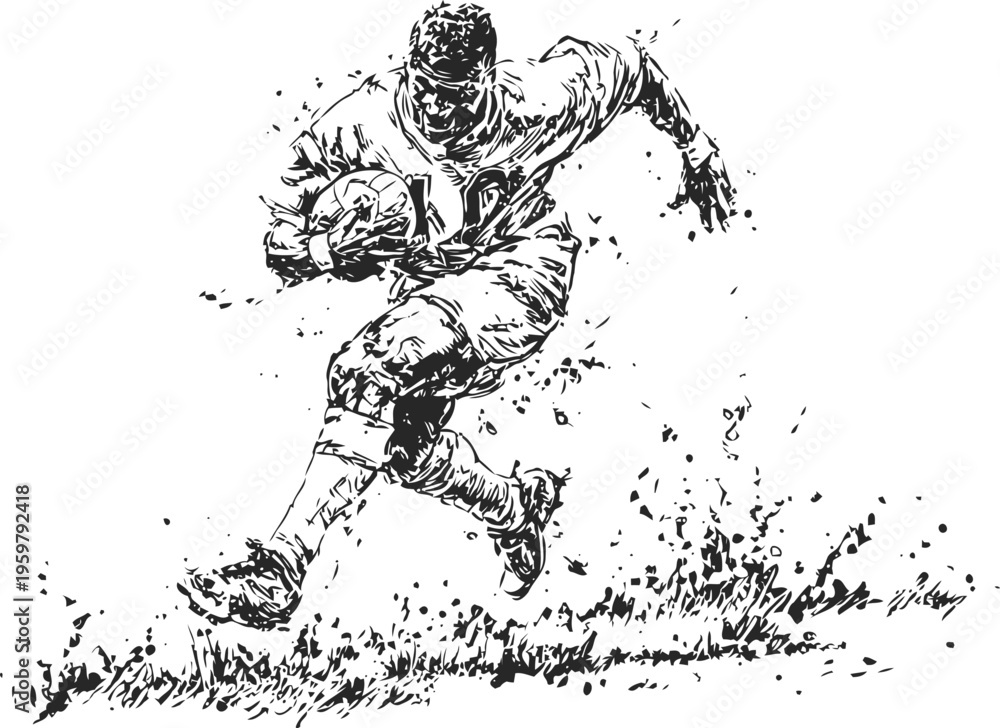 Fototapeta premium Dynamic rugby player sprinting with ball, intense athletic movement in grass field sketch