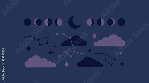 Cosmic Night Sky Abstract Illustration with Moon Phases Stars and Constellations