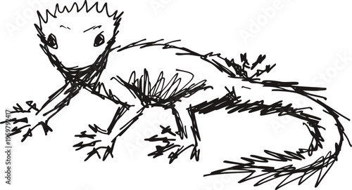 Sketch of a spiky lizard with detailed limbs and tail in a black ink drawing