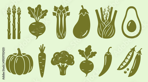 Fresh Garden Harvest: A Collection of Healthy Vegetable Icons in Green Hue