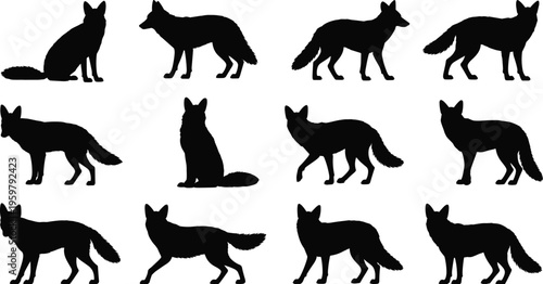 Set of fox silhouettes in multiple poses arranged in grid format, highlighting animal anatomy, wildlife behavior, design references, and artistic inspiration for creative projects