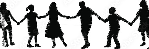 Silhouette illustration of seven people holding hands in a line, symbolizing unity, community, diversity, togetherness, and social cohesion for artistic and conceptual design