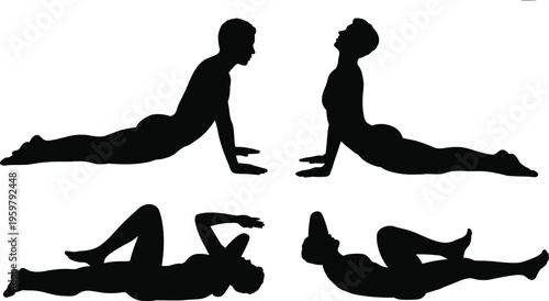 Set of four black silhouettes showing yoga and stretching poses including cobra and relaxation postures, fitness exercise design for wellness, flexibility, and artistic reference