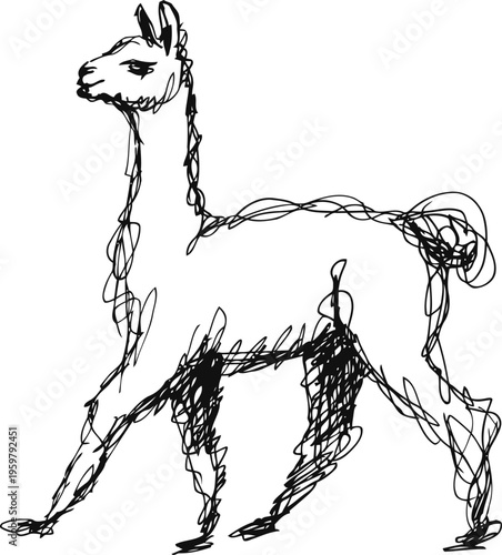 Abstract line art llama illustration with chaotic scribble black ink drawing