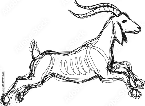 hand drawn goat sketch simple black and white outline of a running goat with curved horns and lifted legs
