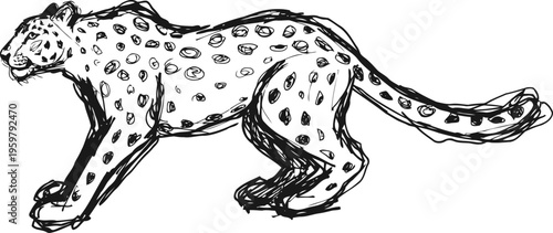 Sketch of a running cheetah in black and white ink drawing