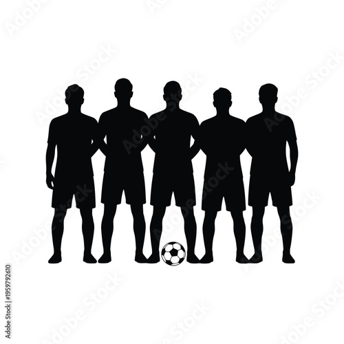 Soccer Team Silhouette Vector Illustration with Five Players and Ball Isolated on White
