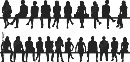 Silhouettes of groups of people sitting and standing on beams in various poses, minimalist human posture design for social, artistic, and conceptual reference