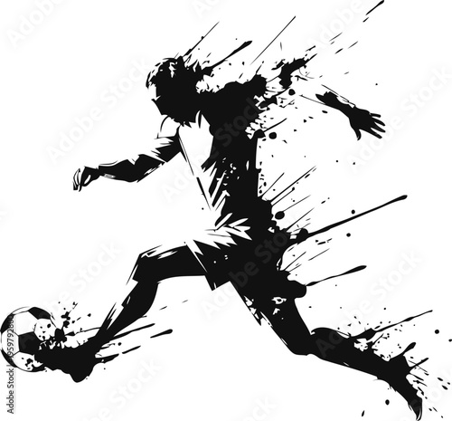 Dynamic soccer player kicking the ball in motion, abstract black ink splatter sport silhouette