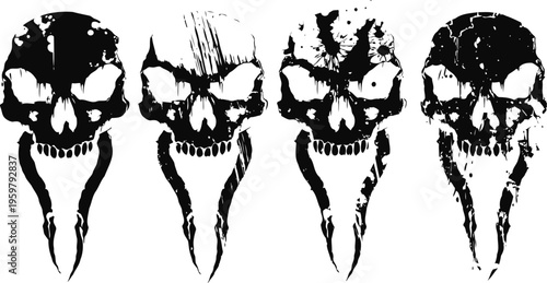 grunge skull designs with abstract elongated jaw patterns in black and white set