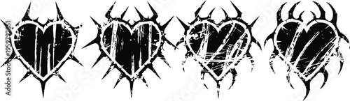 Four black grunge hearts with thorny vine outlines in distressed artistic