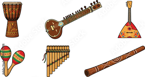 A colorful illustration of various musical instruments on display