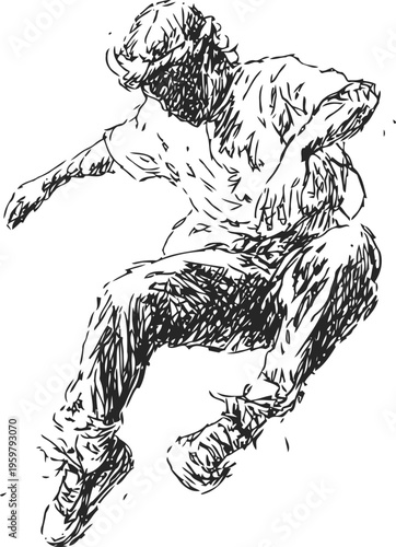 dynamic sketch of a person dancing in motion wearing casual clothes and sneakers