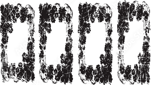 Four vintage grapevine vertical frames with leaves and grape clusters in black silhouette