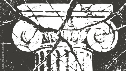Cracked ancient ionic column capital with detailed volutes and fluted shaft in black and white
