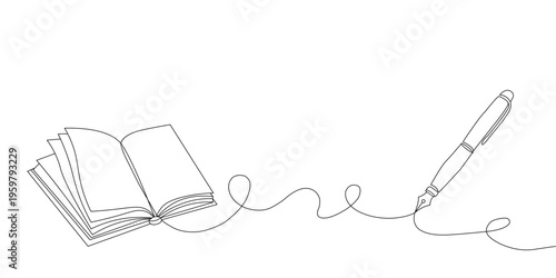 A line drawing of an open book with a fountain pen writing