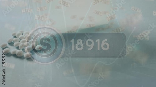 Animation of data processing and dollars over pills