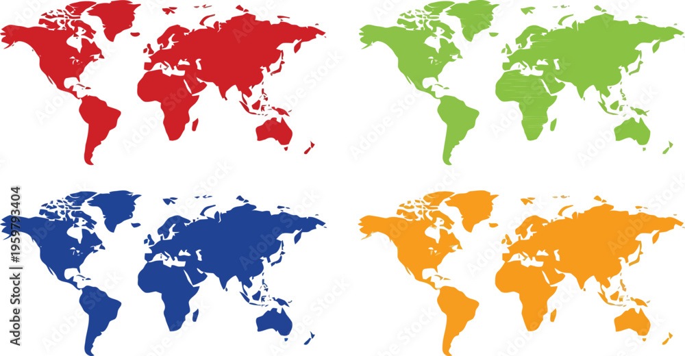 Fototapeta premium Four colorful world maps in red, green, blue, and orange on a light grey background.