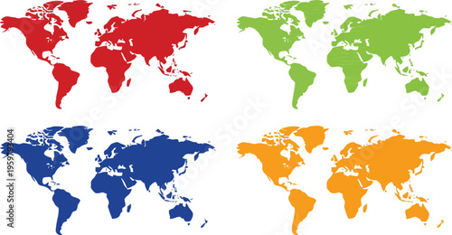 Four colorful world maps in red, green, blue, and orange on a light grey background.