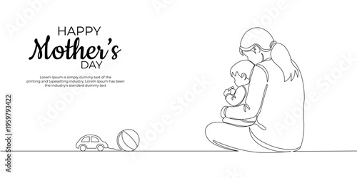 Mothers day card with a mother and child illustration and a car and ball
