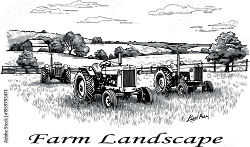 old vintage farm tractor with a cart in a retro style illustration